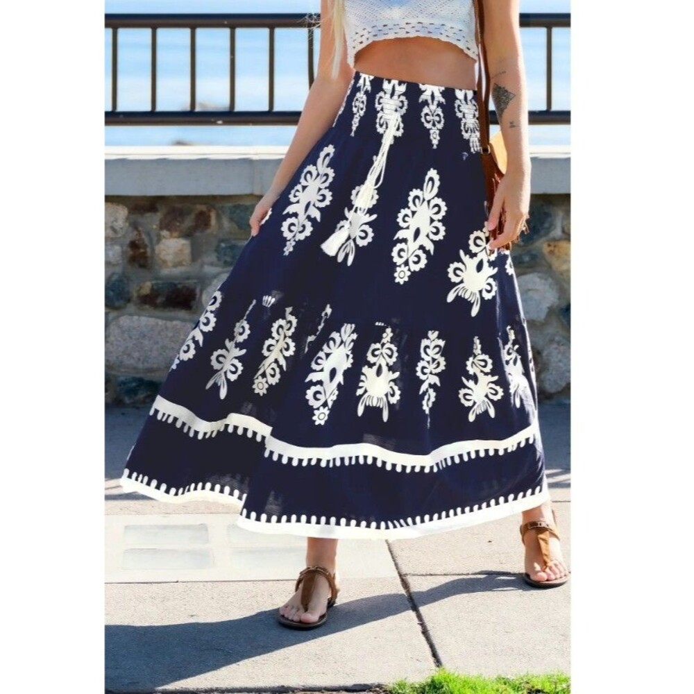 NWT CUPSHE Boho Ornate Maxi Skirt Women’s Front Tie Smocked Waist Rayon Small